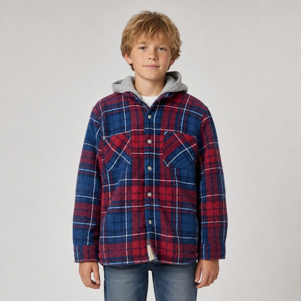 Freedom Foundry Boys L 14/16 Sherpa Lined Hooded Plaid Shirt Jacket